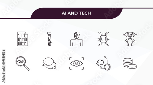 fully editable outline icon collection from ai and tech concept. thin line icons set such as binary, bionic arm, detection, unsupervised learning, coins,