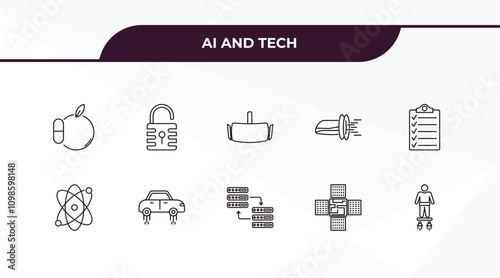 fully editable outline icon collection from ai and tech concept. thin line icons set such as synthetic food, secure data, science, nano sensor, flyboard,