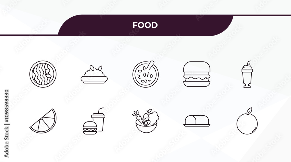 Fototapeta premium fully editable outline icon collection from food concept. thin line icons set such as wonton noodles, risotto, lemon slice, marzipan, slot,