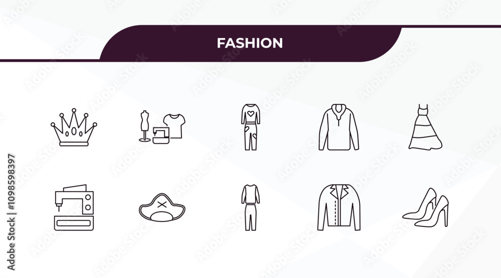Fototapeta premium fully editable outline icon collection from fashion concept. thin line icons set such as monarchy, tailor, electrical appliances, jacket with buttons, high heel shoes,