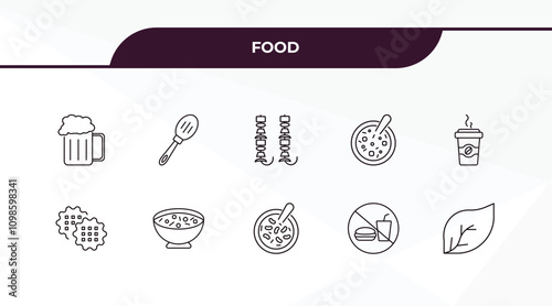 fully editable outline icon collection from food concept. thin line icons set such as beers, slotted spoon, biscuits, no eating, leaf,