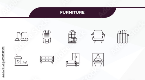 fully editable outline icon collection from furniture concept. thin line icons set such as carpet sweeper, dehumidifier, heating unit, furniture, canopy bed,