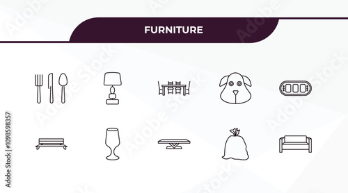 fully editable outline icon collection from furniture concept. thin line icons set such as silverware, bedroom lamp, bench, garbage bags, divan,