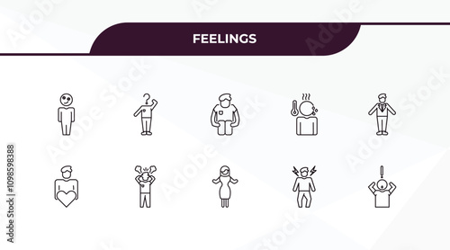 fully editable outline icon collection from feelings concept. thin line icons set such as stupid human, curious human, loved human, ecstatic shocked