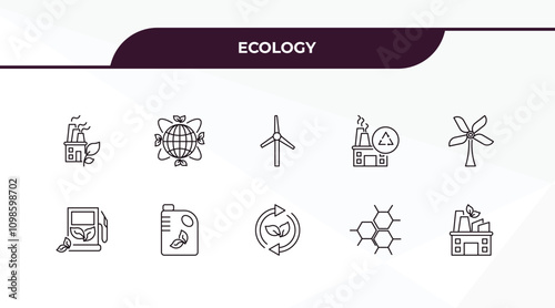 fully editable outline icon collection from ecology concept. thin line icons set such as eco industry, awareness, eco fuel, eco cell, factory,