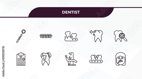 fully editable outline icon collection from dentist concept. thin line icons set such as dentist mirror, lingual braces, health report, dental plaque, sick girl,