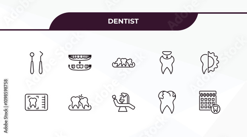 fully editable outline icon collection from dentist concept. thin line icons set such as dental hook, overdenture, dental monitor, cavities, dental appointment,