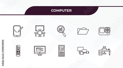 fully editable outline icon collection from computer concept. thin line icons set such as tablet tool, work station, tv controller, responsive de, boss office,