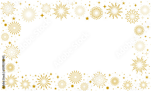 Firework border background, gold fireworks frame with stars and sparkles, firework banner