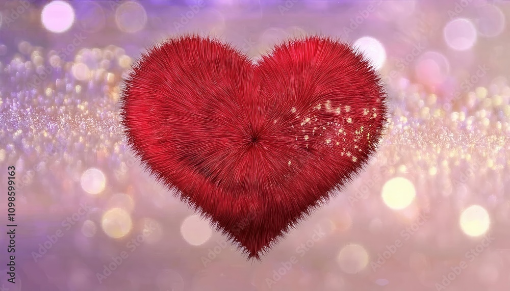 Fototapeta premium Exquisite Furry Red Heart Surrounded by Dreamy Bokeh Lights. Captivating Symbol of Love, Warmth, and Elegance for Valentine’s Day 2025. Perfect for Romantic Decor, Gifting, and Celebrations