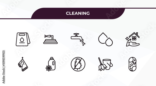 fully editable outline icon collection from cleaning concept. thin line icons set such as wet floor, garden hose, serviette, housekeeping, sponges,