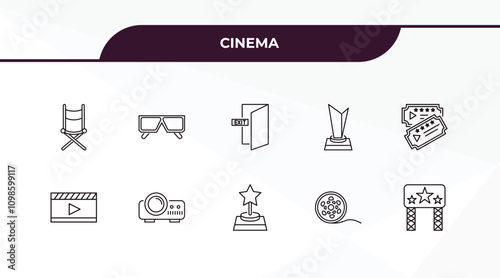 fully editable outline icon collection from cinema concept. thin line icons set such as film director, 3d movie, cinema flapper, movie roll, movie billboard,