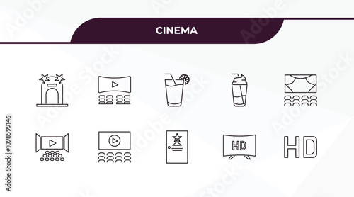 fully editable outline icon collection from cinema concept. thin line icons set such as cinema ticket window, movie theatre, film viewer, 1080p hd tv, hd,