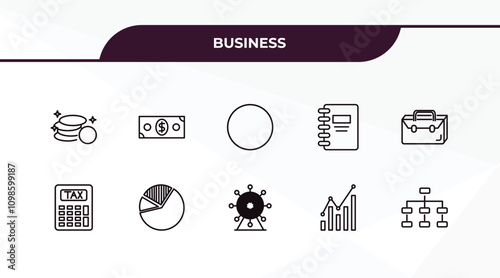 fully editable outline icon collection from business concept. thin line icons set such as stack of gold, dollar bills, tax calculate, graphic chart, hierarchical order,