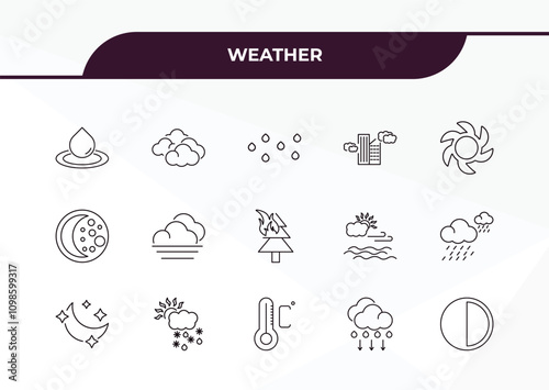 fully editable outline icon collection from weather concept. thin line icons set such as deluge, overcast, waning moon, convergence, last quarter,