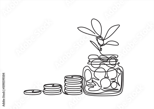 International day of banks. Stack coins in jar in single continuous line. Savings or investments. Profit growth drawing with one line. Money plant. Budget or fund. Financial bank deposit.	