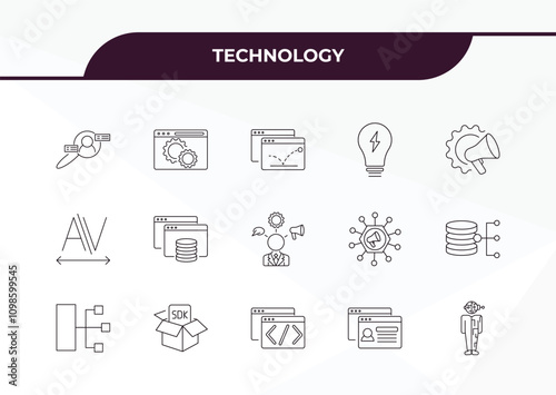 fully editable outline icon collection from technology concept. thin line icons set such as user research, website optimization, kerning, user persona, humanoid robot,