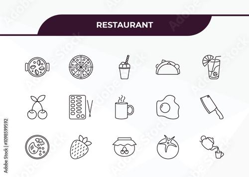 fully editable outline icon collection from restaurant concept. thin line icons set such as paella with parwns, pepperoni pizza, two cherries, fresh tomato, pouring coffe,
