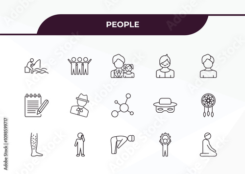 fully editable outline icon collection from people concept. thin line icons set such as sitting man fishing, friends, pencil and notebook, effort, julus,