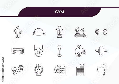 fully editable outline icon collection from gym concept. thin line icons set such as stick man hoop, bosu ball, trampoline, gym ladder, skip rope,