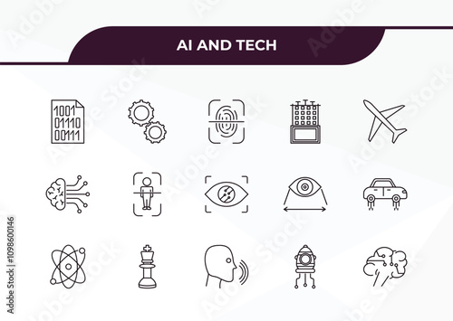 fully editable outline icon collection from ai and tech concept. thin line icons set such as binary, hine, ai brain, microbots, future brain, photo