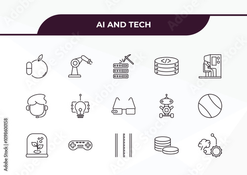 fully editable outline icon collection from ai and tech concept. thin line icons set such as synthetic food, mechanical arm, personal assistant, coins, unsupervised learning,