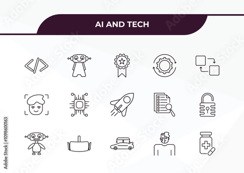 fully editable outline icon collection from ai and tech concept. thin line icons set such as code, robot, face recognition, cyborg, medicine,