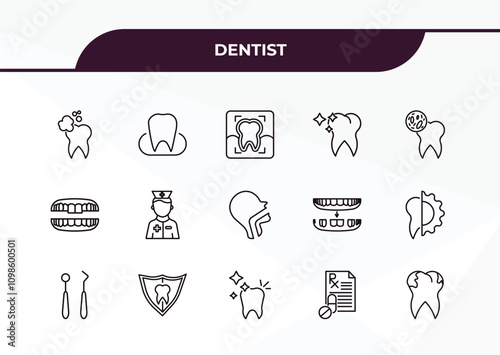 fully editable outline icon collection from dentist concept. thin line icons set such as clean tooth, occlusal, denture, medical prescription, cavities,