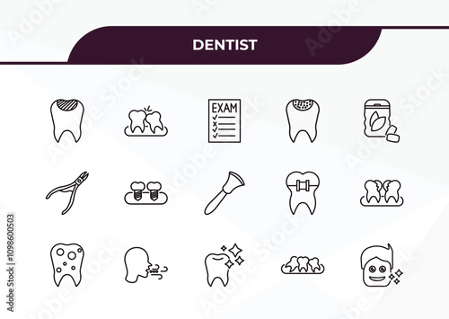 fully editable outline icon collection from dentist concept. thin line icons set such as filler, wisdom tooth, tooth pliers, malocclusion, healthy boy,