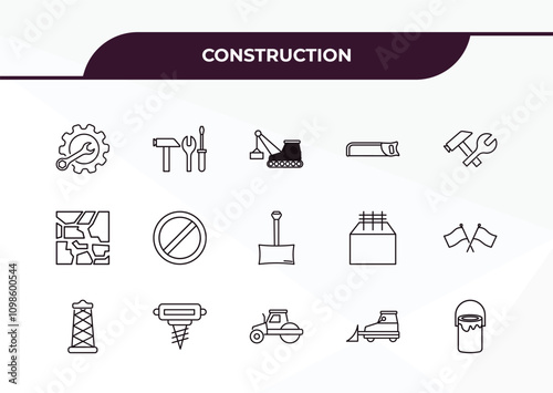 fully editable outline icon collection from construction concept. thin line icons set such as wrench and gear, three tools, paving, little snowplow, paint bucket,
