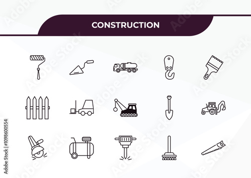 fully editable outline icon collection from construction concept. thin line icons set such as roller and paint, construction palette, garden fence, sweeping broom, big saw,