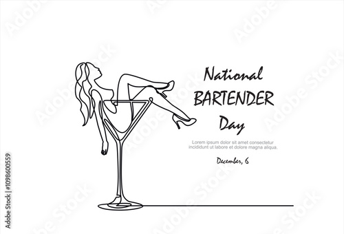 National bartender day. Continuous one line drawing of beautiful woman in a martini glass	
