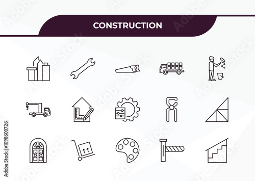 fully editable outline icon collection from construction concept. thin line icons set such as , spanner, crane truck, road barrier, stairs with handle,