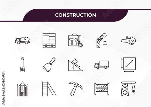 fully editable outline icon collection from construction concept. thin line icons set such as fuel truck, big clo, inclined shovel, road stopper, derrick facing right,