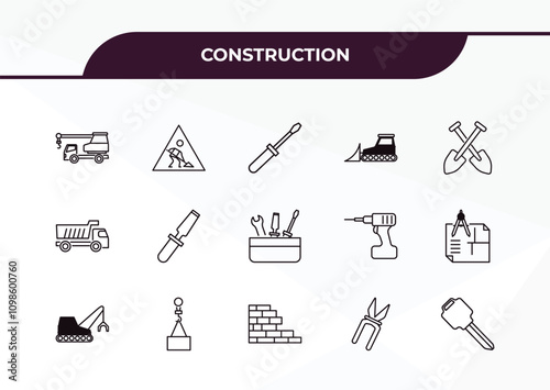 fully editable outline icon collection from construction concept. thin line icons set such as truck with crane, working, dump truck, inclined clippers, home key,