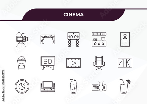 fully editable outline icon collection from cinema concept. thin line icons set such as movie camera, cinema curtain, take away drink, image projector, drink with straw,