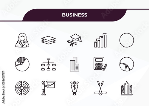 fully editable outline icon collection from business concept. thin line icons set such as businesswomen, stack, circular pie chart, golf sticks, corporation,