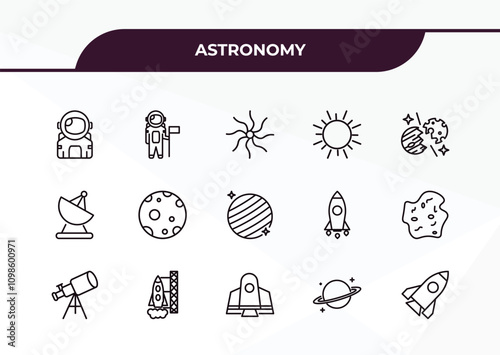 fully editable outline icon collection from astronomy concept. thin line icons set such as astronaut user, astronaut and flag, radar pointing up, saturn, space ship,