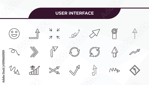 fully editable outline icon collection from user interface concept. thin line icons set such as emot, turn up arrow, updating arrow, scribble right arrow, left curve,