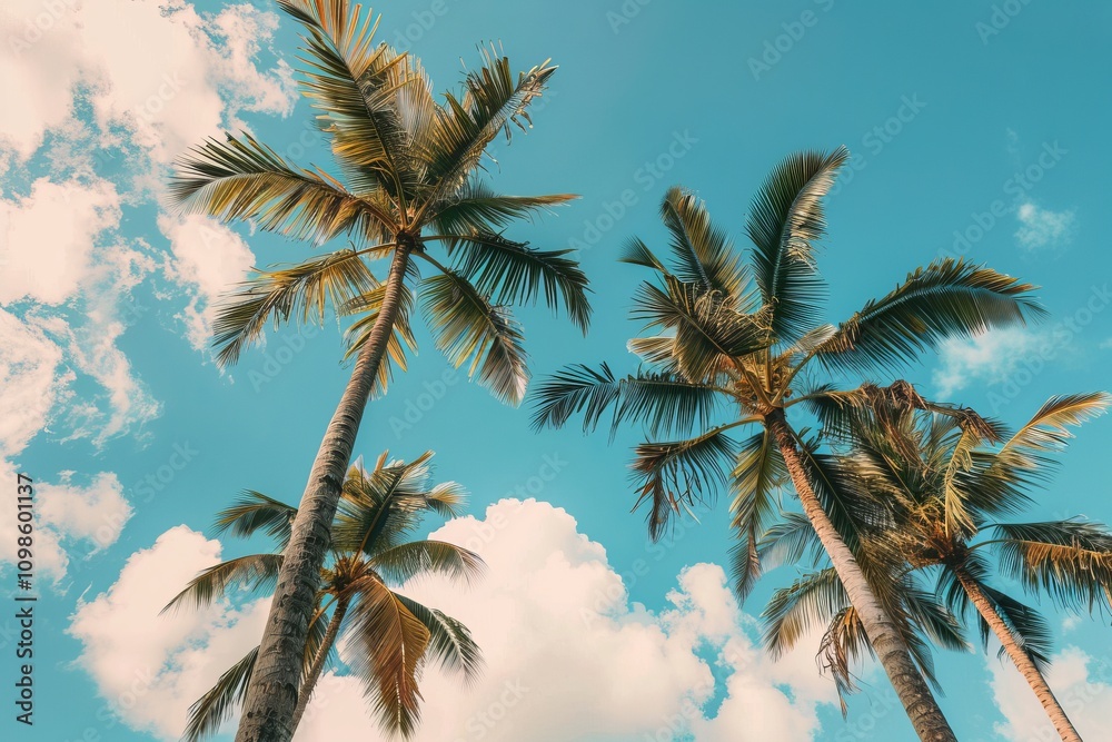 Fototapeta premium Tall palm trees reaching towards a bright blue sky, surrounded by fluffy white clouds, capturing the essence of a tropical paradise.