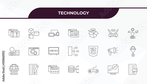 fully editable outline icon collection from technology concept. thin line icons set such as attributes, elements, css3, analysis process, content marketing,