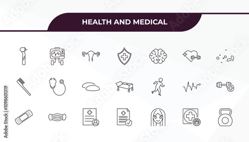 fully editable outline icon collection from health and medical concept. thin line icons set such as dental drill, defibrillator, running, veterinary, kettlebell,