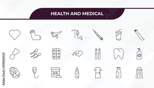 fully editable outline icon collection from health and medical concept. thin line icons set such as heart, inhalator, ampoule, syrup, salt,