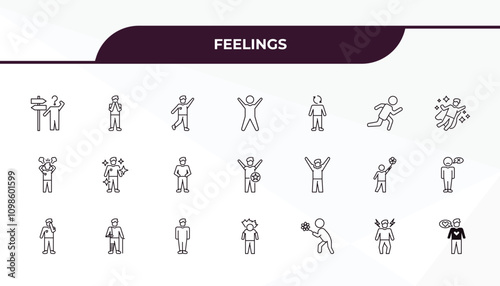 fully editable outline icon collection from feelings concept. thin line icons set such as lost human, grateful human, strong human, ecstatic alive