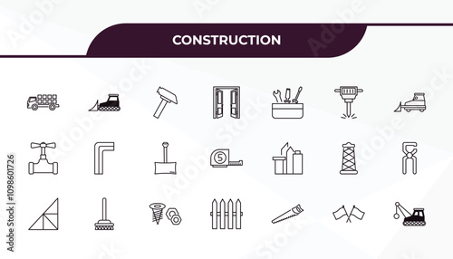 fully editable outline icon collection from construction concept. thin line icons set such as truck with load, bulldozer, , flags crossed, derrick with ball,