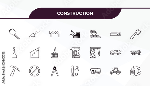 fully editable outline icon collection from construction concept. thin line icons set such as home key, construction palette, derrick facing right, steamroller, adjusment system,