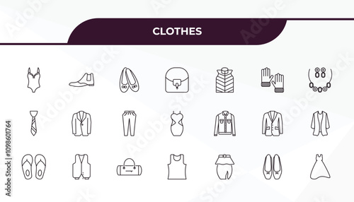 fully editable outline icon collection from clothes concept. thin line icons set such as lingerie, leather chelsea boots, denim jacket, ballets flats, long sleeveless dress,