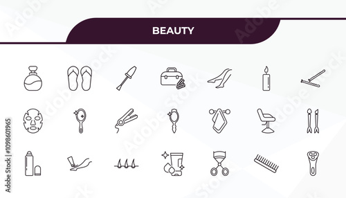 fully editable outline icon collection from beauty concept. thin line icons set such as round perfume bottle, two flip flops, folded towel, inclined comb, electric shaver,
