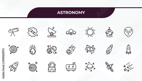 fully editable outline icon collection from astronomy concept. thin line icons set such as telescope pointing up, gamma ray, galaxy, space module, meteor shower,
