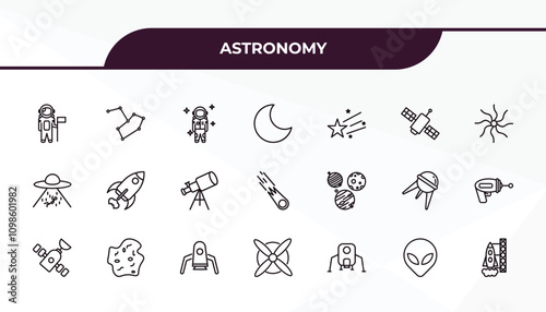 fully editable outline icon collection from astronomy concept. thin line icons set such as astronaut and flag, constellation, planets, extraterrestial head, spaceport,